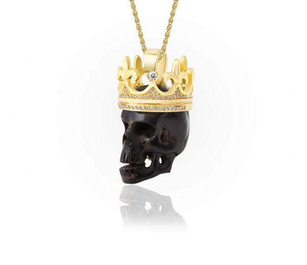 Wood Skull & Diamond Crown Pendant